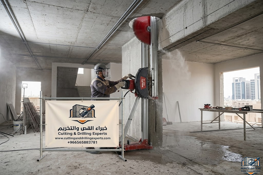 قص اسقف خرسانية حي النرجس بالرياض باستخدام أحدث معدات القص الماسي لتنفيذ فتحات المصاعد والسلالم والتمديدات الهندسية بدقة عالية مع الحفاظ على سلامة الهيكل الإنشائي